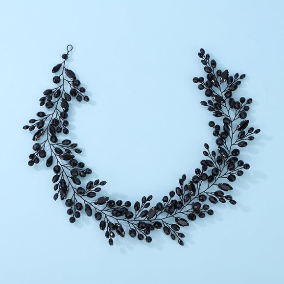 Black Crystal Bridal Headpiece Rhinestone Hair Vine Vintage Wedding Accessory